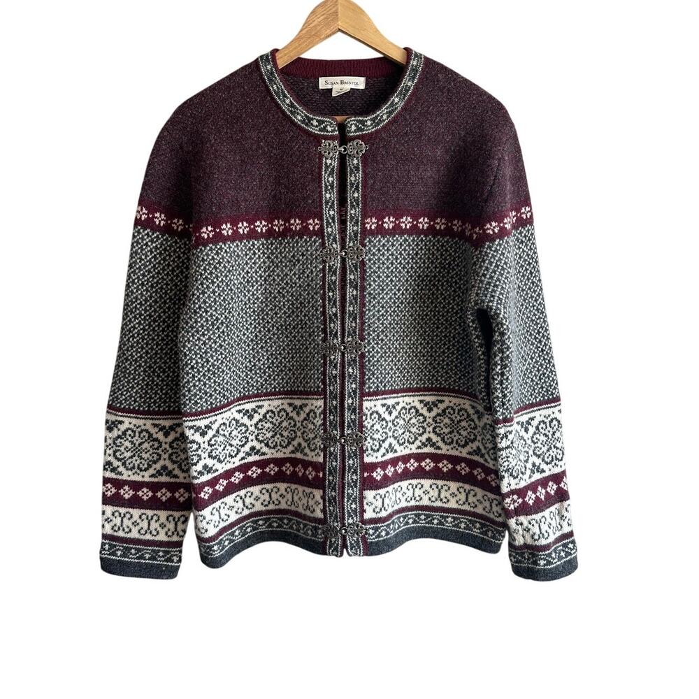 Susan Bristol Nordic Fair Isle Wool Cardigan Sweater Ornate Closure M